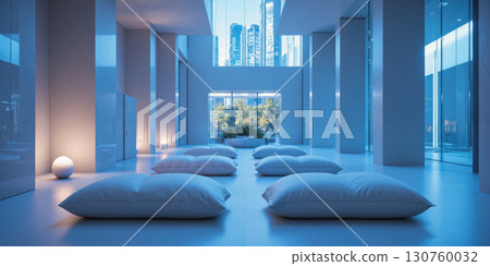 A contemporary meditation center with floating cushions, glass walls, and Soft Blue lighting, evoking peace, mindfulness, and a tranquil, spiritual 130760032