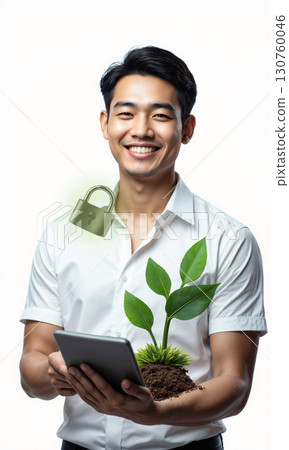 Asian male in open collar shirt with floating lock and plant icon, secure sustainable solutions, isolated , 3D stylized 130760046