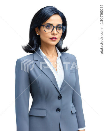 Corporate Securities Lawyer A middle-aged South Asian woman, 40-45 years old, with medium-length black hair, wearing glasses and a tailored 130760055