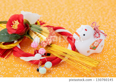 Year of the Horse New Year's Material White Horse and Mizuhiki Decoration Cherry Blossom Petal Background 130760145