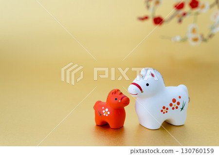 Year of the Horse New Year's Material Red and White Horse and Plum Blossoms Gold Background Year of the Horse New Year's Material Red and White Horse and Plum Blossoms Gold Background 130760159