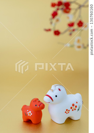 Year of the Horse New Year's Material Red and White Horse and Plum Blossoms Gold Background 130760160