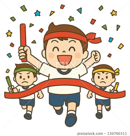 運動會上參加接力賽的孩子們（幼兒園和小學插圖） 130760311