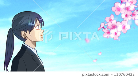 Cherry blossoms and petals, anime-style illustration of a student or working woman, with white space on the right Cherry blossoms and petals, anime-style illustration of a student or working woman, with white space on the right 130760422