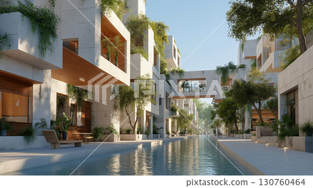 Modern waterfront apartment complex and green streets 130760464