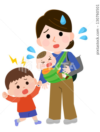 Illustration of a mother and child struggling with single-parent childcare Illustration of a mother and child struggling with single-parent childcare 130760501