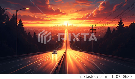 The place where the journey begins and ends, the highway where city lights and sunsets intersect 130760680