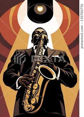 A saxophonist blows his tenor, illuminated by the stage light. 130760756