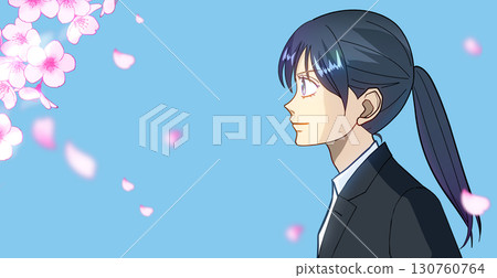 Cherry blossoms and petals, anime-style illustration of a student or working woman, white space on the left 130760764