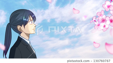 櫻花和花瓣，學生或職業女性的動漫風格插圖，右側有空白 130760787