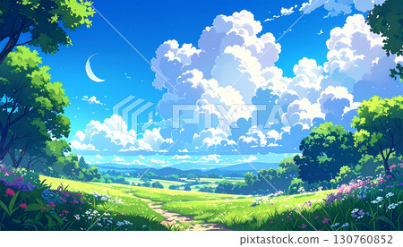 草地,風景,新綠,樹木,天空,藍天,雲朵,樹葉,動漫,AI生成,背景,綠色,自然,環境,水彩畫,色彩鮮豔,ai 130760852