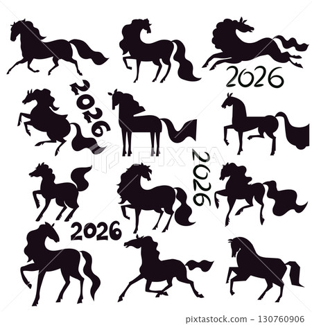 Silhouette horse running Happy Chinese New Year 2026, Zodiac sign, lunar year of the Horse Vector flat illustration 130760906