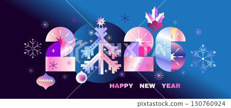 Merry Christmas and Happy New Year 2026 art holiday abstract background template neon gradient  bauhaus design with Gifts, ball toy, christmas tree, snowflake, garland Modern Xmas flat vector 130760924