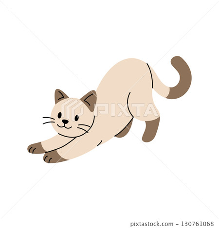 Cute cartoon cat stretching with happy face. Siamese kitten illustration for pet themes, kids designs and animal graphics 130761068
