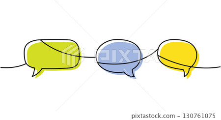 Minimalist continuous line art with three speech bubbles in yellow, green and blue colors. Modern outline art for chat and communication themes 130761075