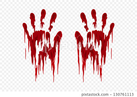 Melting horror blood hands. Red dripping prints on transparent background 130761113