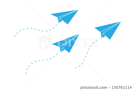 Bright blue paper airplanes flying with dashed paths. Vector of playful flight in motion Bright blue paper airplanes flying with dashed paths. Vector of playful flight in motion 130761114