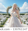 A woman with beautiful silky hair in a wedding dress 130761147