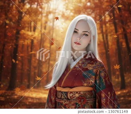 Beautiful silver-haired woman in a kimono in an autumn park 130761149