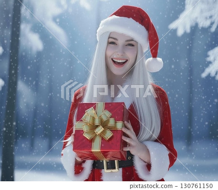 Smiling woman in Santa costume holding a gift 130761150