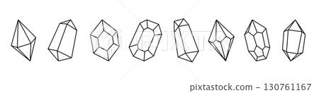 Outline crystals. Gems of different shapes. Gemstones, amethyst, ruby, sapphire, emerald, topaz and quartz. Vector illustration 130761167