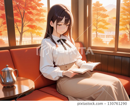 Illustration of a neat woman enjoying reading in an autumn cafe 130761290