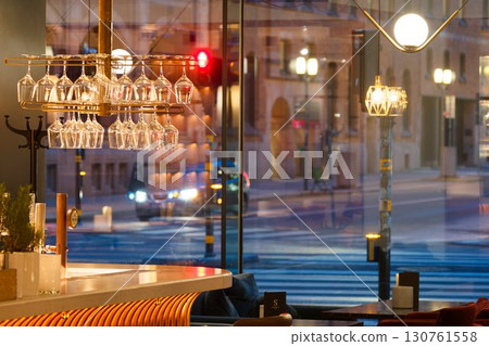 A stylish Swedish cafe and wine glasses 130761558