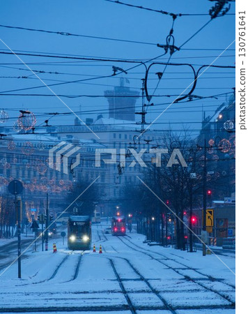 Snowy downtown Helsinki and a tram Snowy downtown Helsinki and a tram 130761641