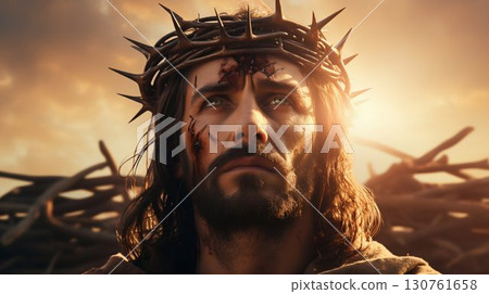 Jesus in Crown of Thorns with Cross at Sunset. Generative ai 130761658