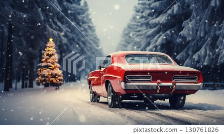 Red Muscle Car with Christmas Tree on Winter Road 130761826