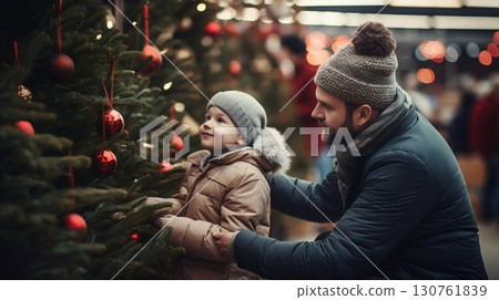 Heartwarming Moments as Father and Daughter Decorate Christmas Tree. Generative ai 130761839