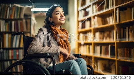 Inspired Young Woman in Wheelchair at Library. Generative ai 130761846