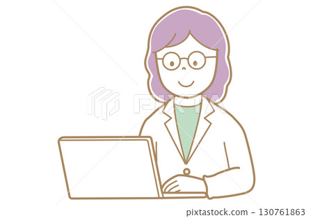 一位身穿白大褂、紫色頭髮的女士正看著電腦螢幕的插圖 一位身穿白大褂、紫色頭髮的女士正看著電腦螢幕的插圖 130761863