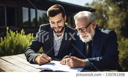 Senior and Young Man Reviewing Documents Together Outdoors. Generative ai 130761896