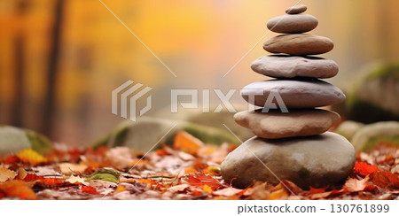 Zen Stones in Autumn Harmony. Generative ai 130761899