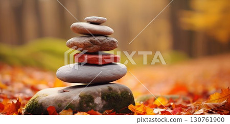 Zen Stones in Autumn Harmony. Generative ai 130761900