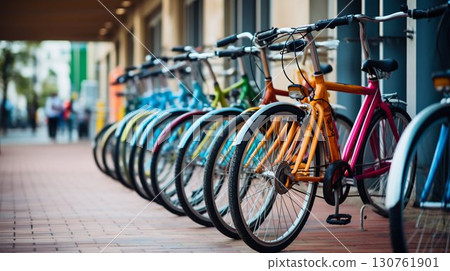 Colorful Bicycles Parked in a Row on Urban Sidewalk. Generative ai 130761901