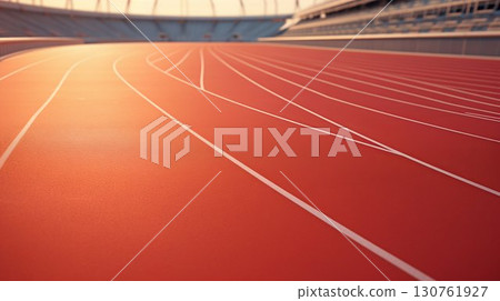 Sunlit Athletic Running Track in Stadium. Generative ai 130761927