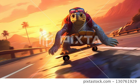 Adventurous Turtle Skateboarding at Sunset. Generative ai 130761929