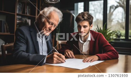 Senior and Young Man Reviewing Documents Together Outdoors. Generative ai 130761930