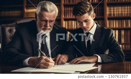 Senior and Young Man Reviewing Documents Together Outdoors. Generative ai 130761937