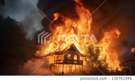 House Engulfed in Flames at Night. Generative ai 130761946