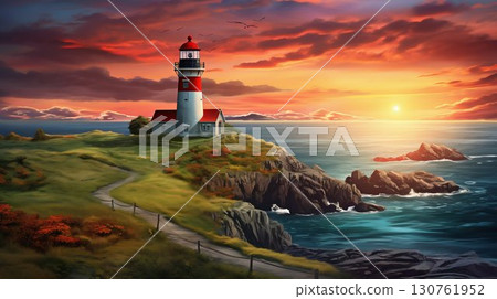 Serene Lighthouse at Sunset Overlooking the Ocean. Generative ai 130761952