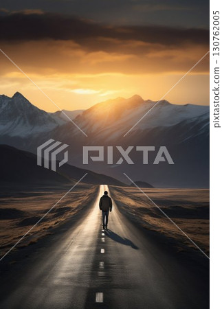 Solitary Journey: Man Walking on Road to Majestic Mountains. Generative ai 130762005