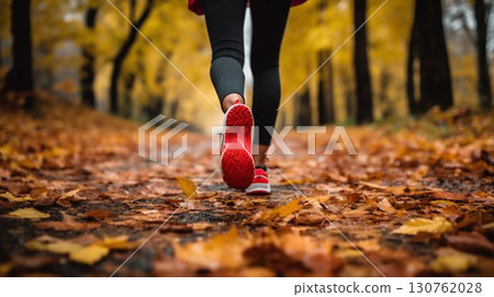 Autumn Jogging: Close-Up on Runner's Shoes Amongst Fallen Leaves. Generative ai Autumn Jogging: Close-Up on Runner's Shoes Amongst Fallen Leaves. Generative ai 130762028