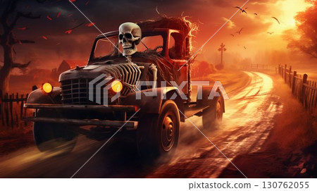 Halloween Ride: Skeletal Driver at the Wheel. Generative ai Halloween Ride: Skeletal Driver at the Wheel. Generative ai 130762055