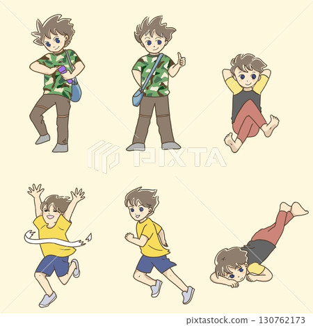 Six boys in various poses, including running 130762173