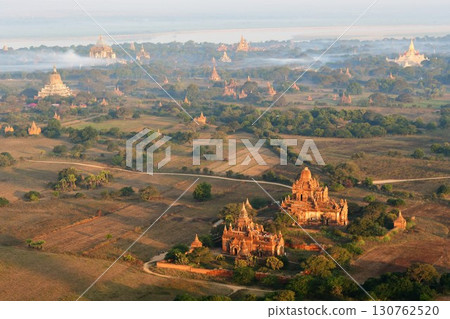 Myanmar, Bagan, view from a hot air balloon, pagodas Myanmar, Bagan, view from a hot air balloon, pagodas 130762520
