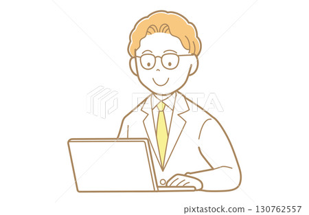 Illustration of a blonde man in a white coat looking at a computer 130762557