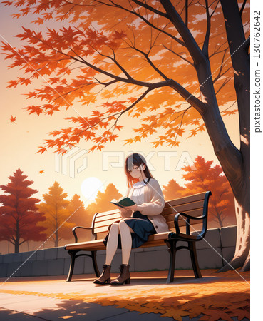 一位整潔的女人在秋季公園享受閱讀的插圖 一位整潔的女人在秋季公園享受閱讀的插圖 130762642